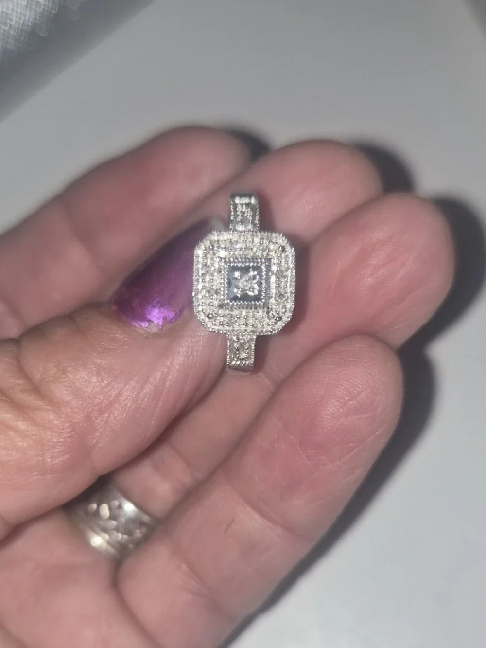 White Sterling Silver Square Halo Ring with Center Stone